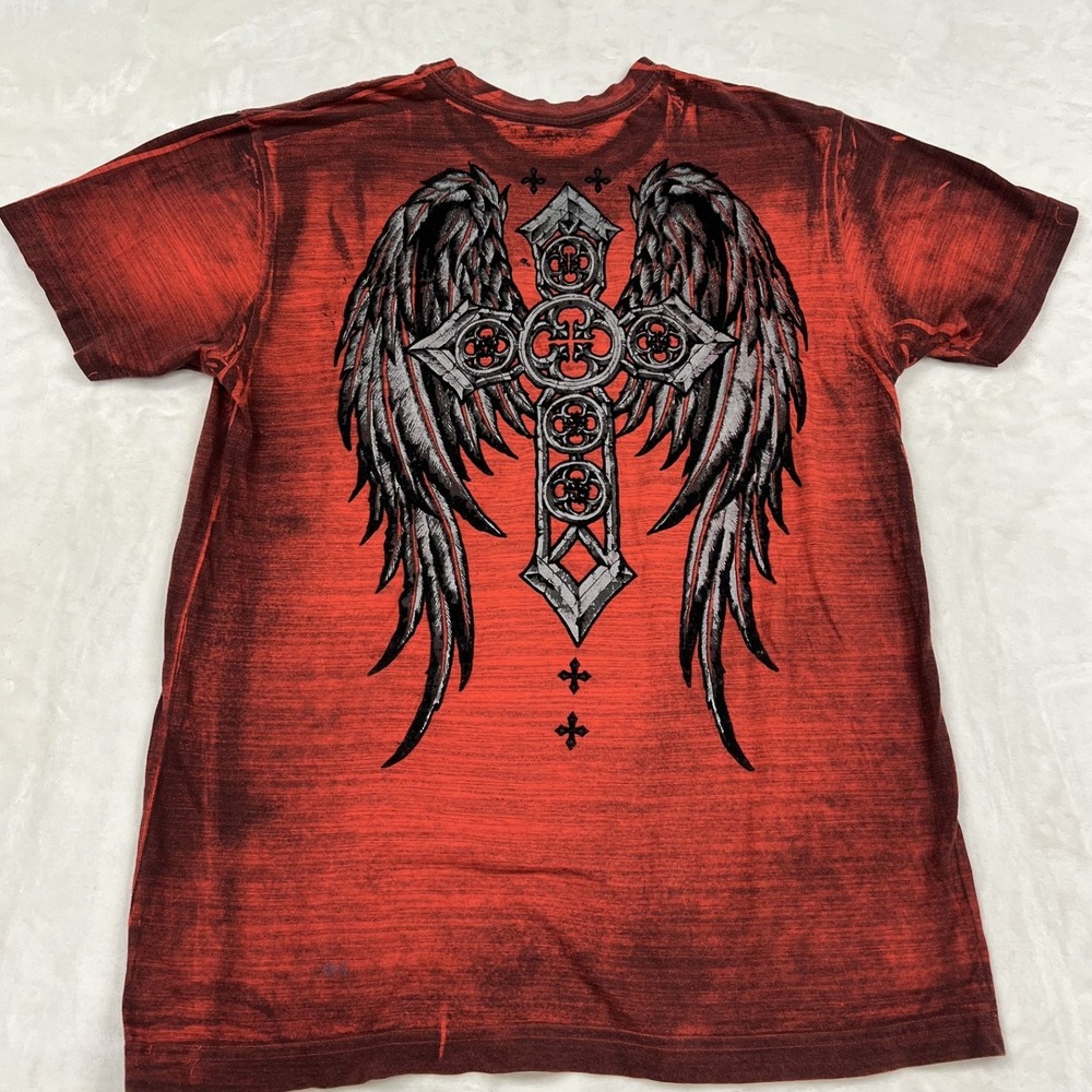 Affliction Graphic T-Shirt Mens Large Red Black Gothic Cross Burnout Tee